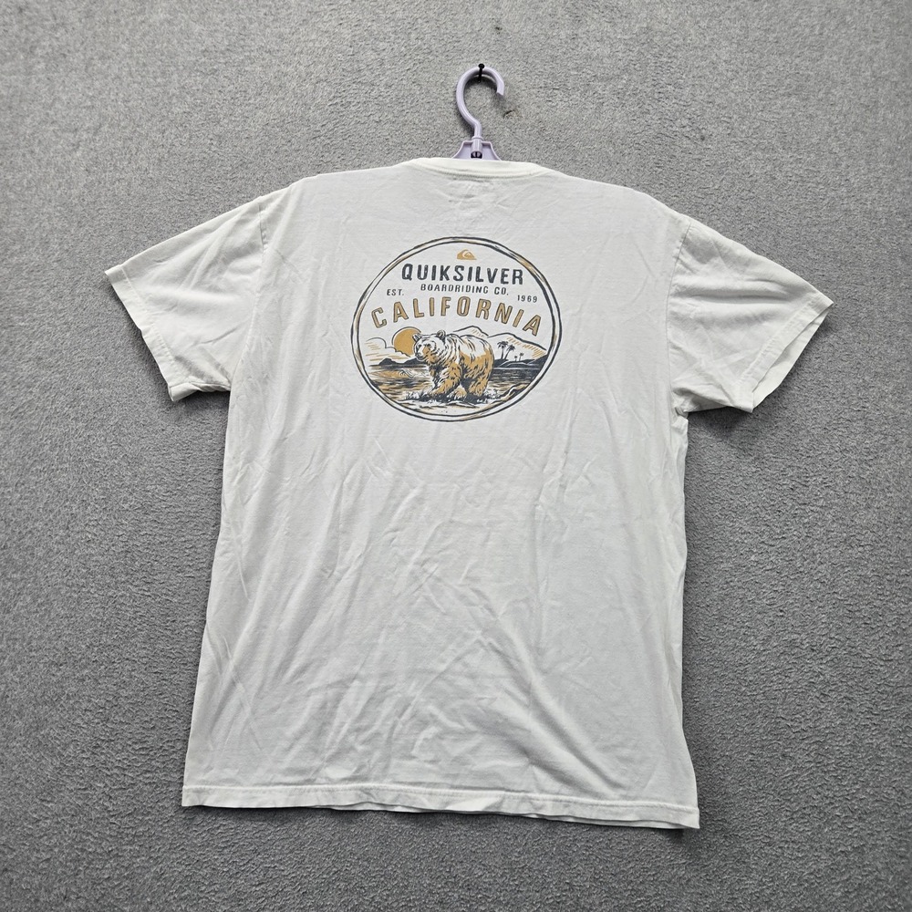 Quiksilver Men Shirt L White Graphic Bear California Logo Short Sleeve